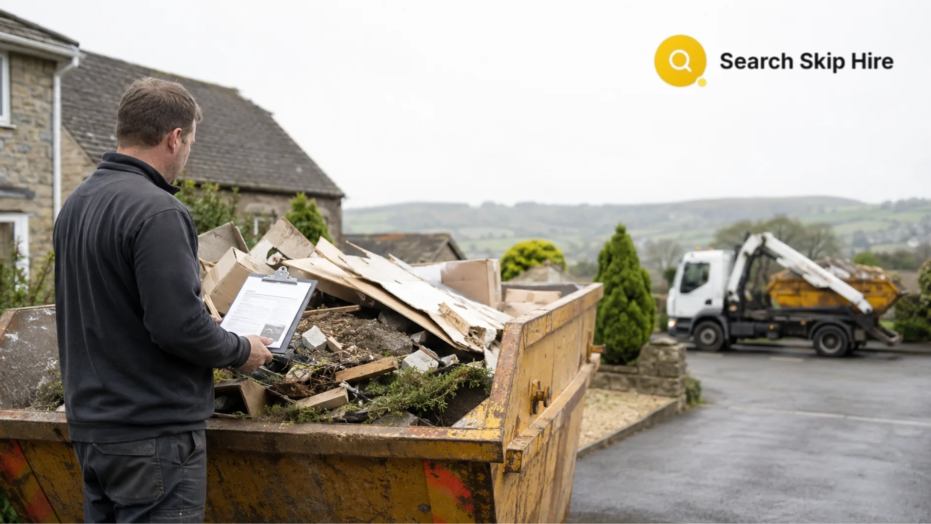 Worker checking a skip filled with renovation waste on a Cumbria driveway, with hills and a skip lorry in the background.