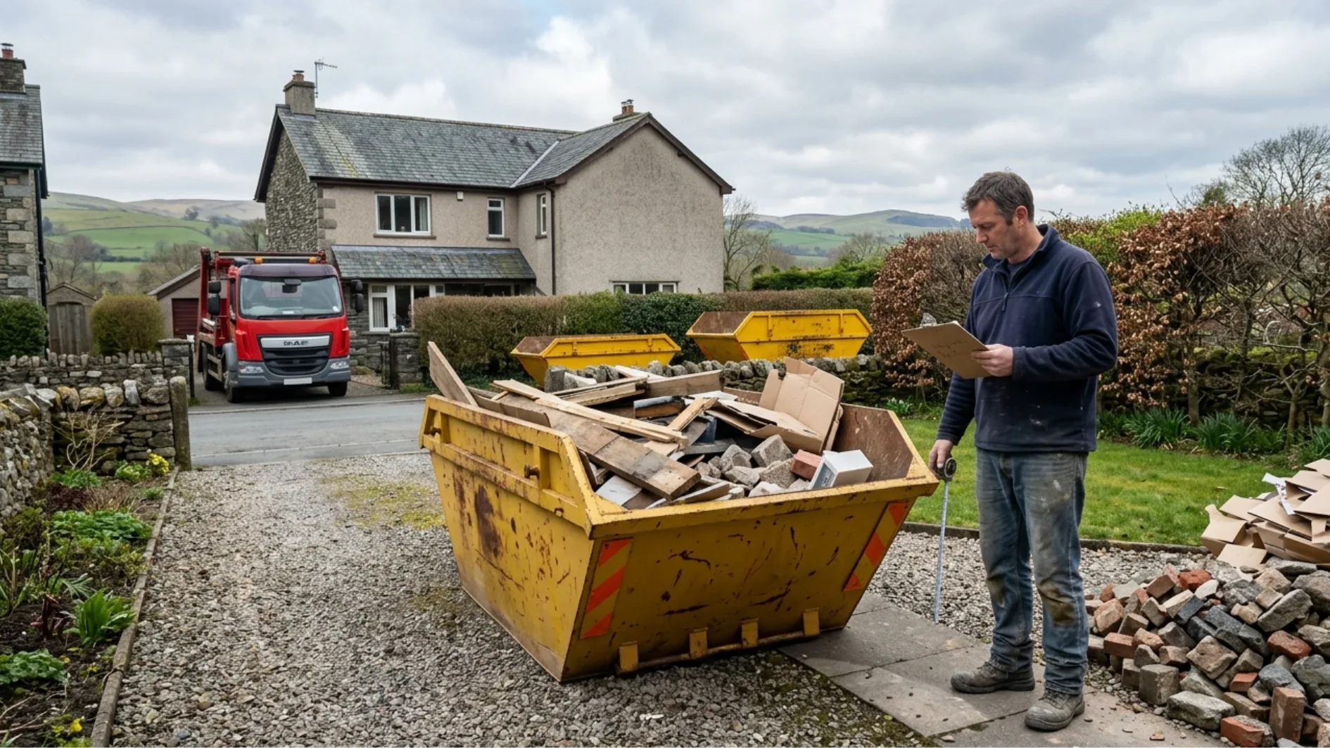 Worker reviewing skip hire costs beside different skips, rubble, timber, a tape measure and a skip lorry in rural Cumbria.