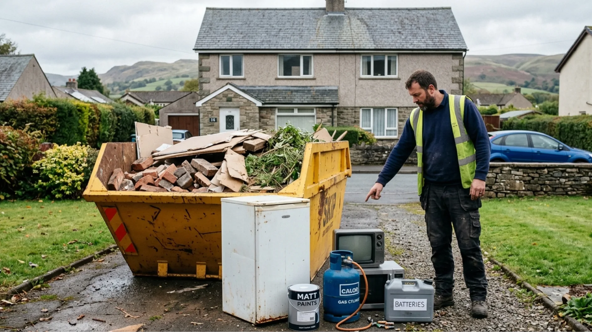 Worker pointing to restricted waste beside a skip, including a fridge, gas cylinder, battery, paint tin and electrical appliance.