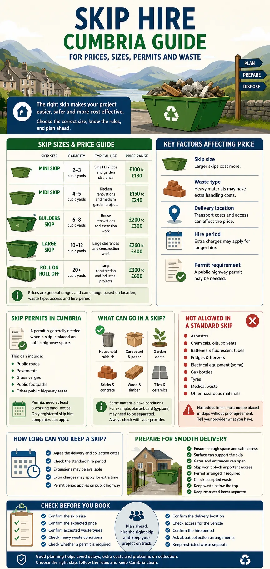 Skip hire guide for Cumbria covering skip sizes, prices, permits, waste types and booking tips.