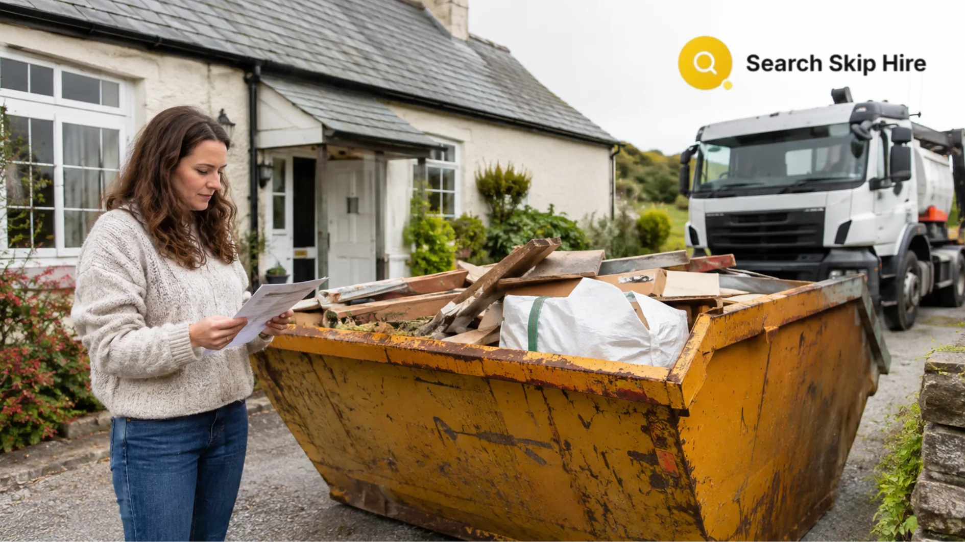 Skip hire in Devon with a builder’s skip on a residential driveway, homeowner checking paperwork, and delivery truck in the background.