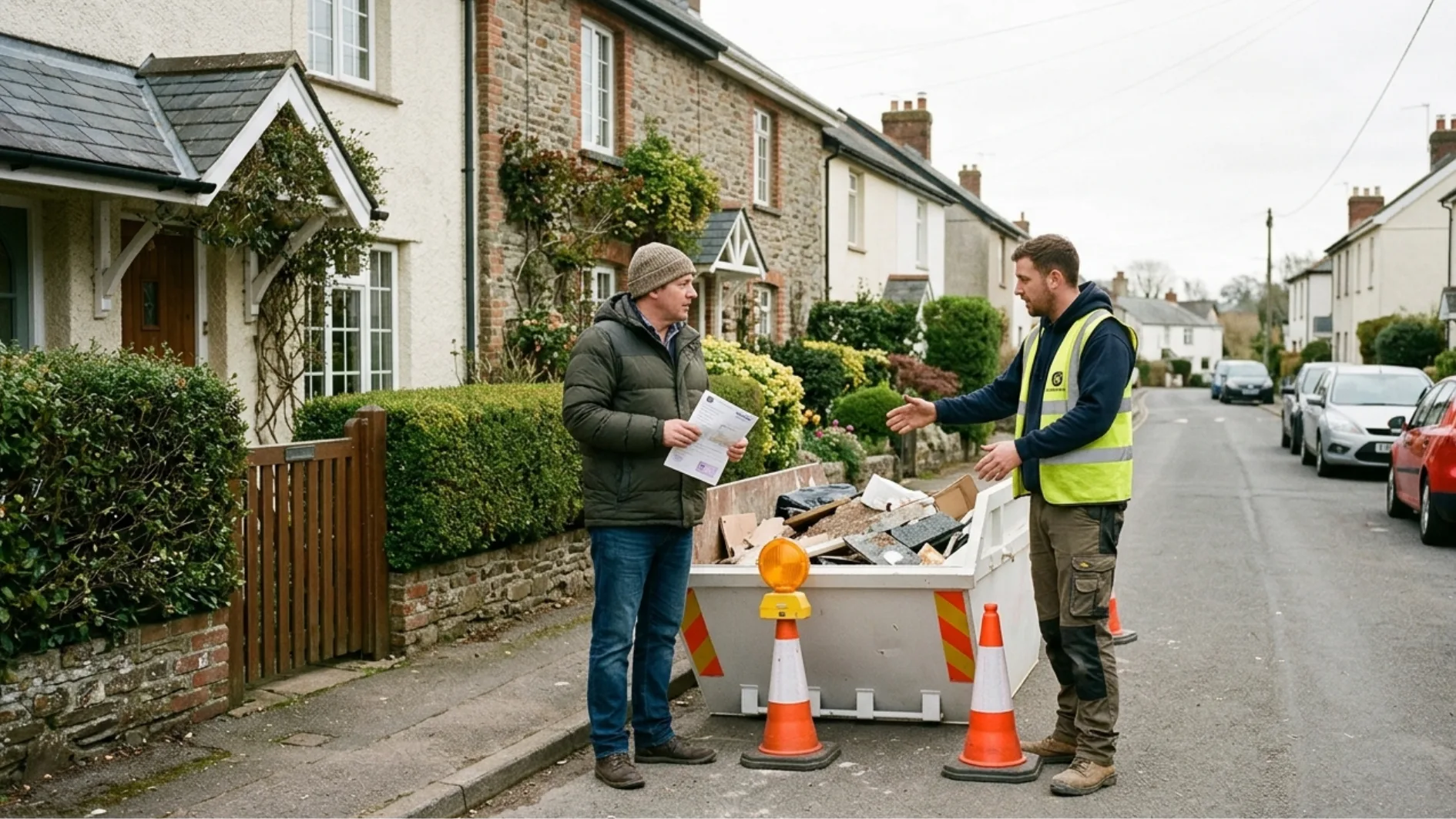 Homeowner discussing roadside skip placement with a skip hire driver while holding a council permit document.