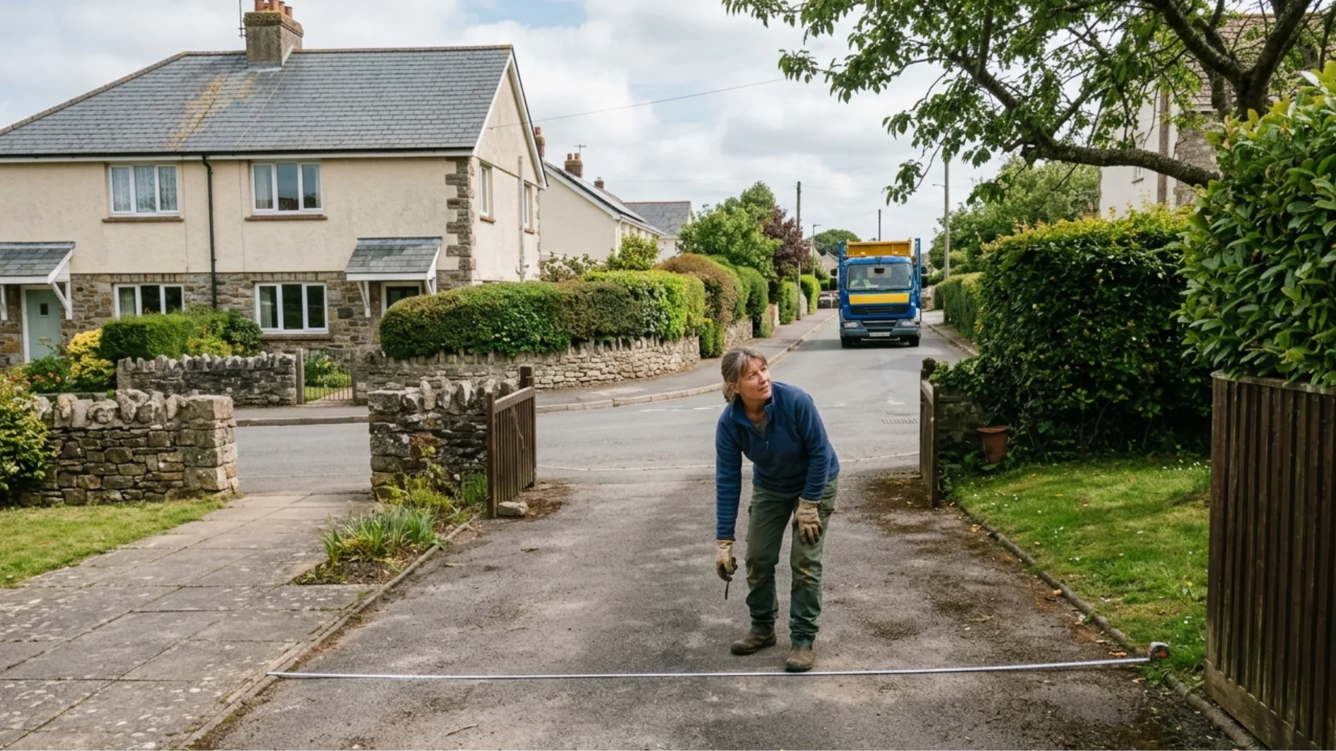 Homeowner measuring a clear Devon driveway while a skip delivery truck approaches from the road.