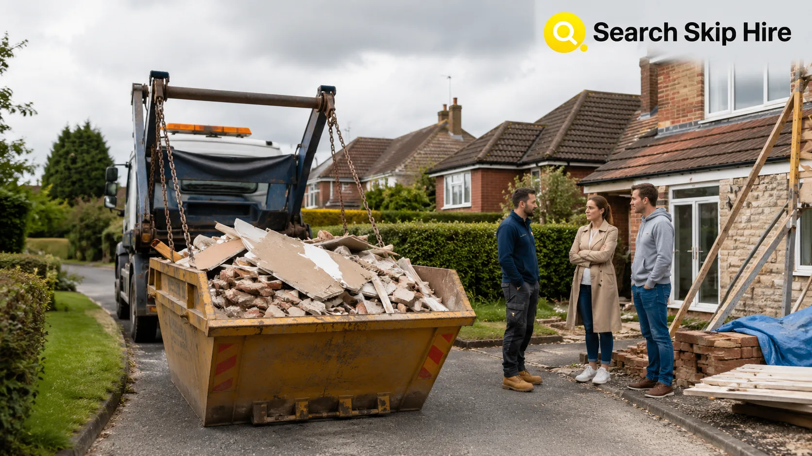 Skip hire Dorset for home renovation with builders skip on a residential driveway.