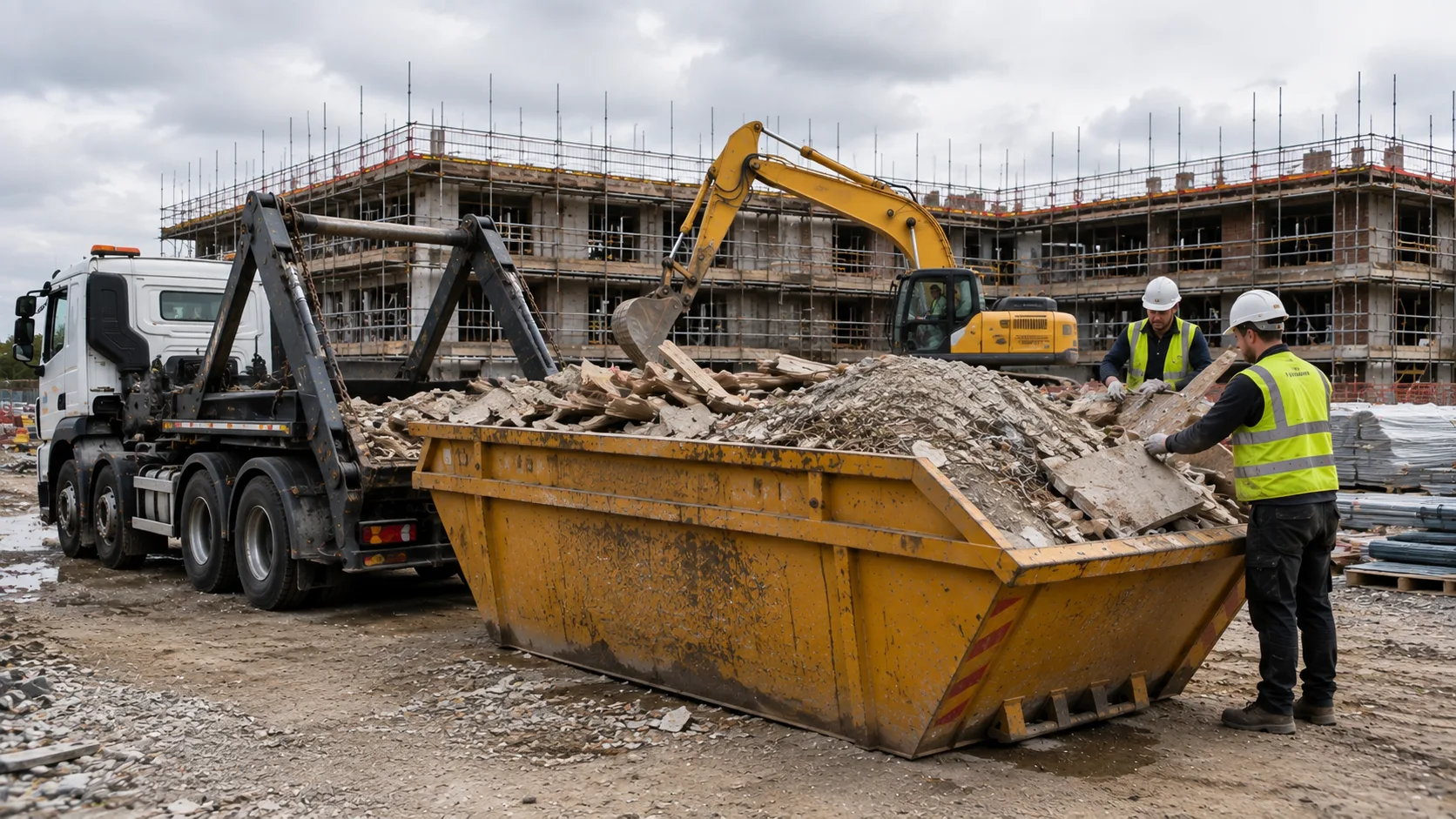 Commercial skip hire Dorset for construction waste removal at a building site.