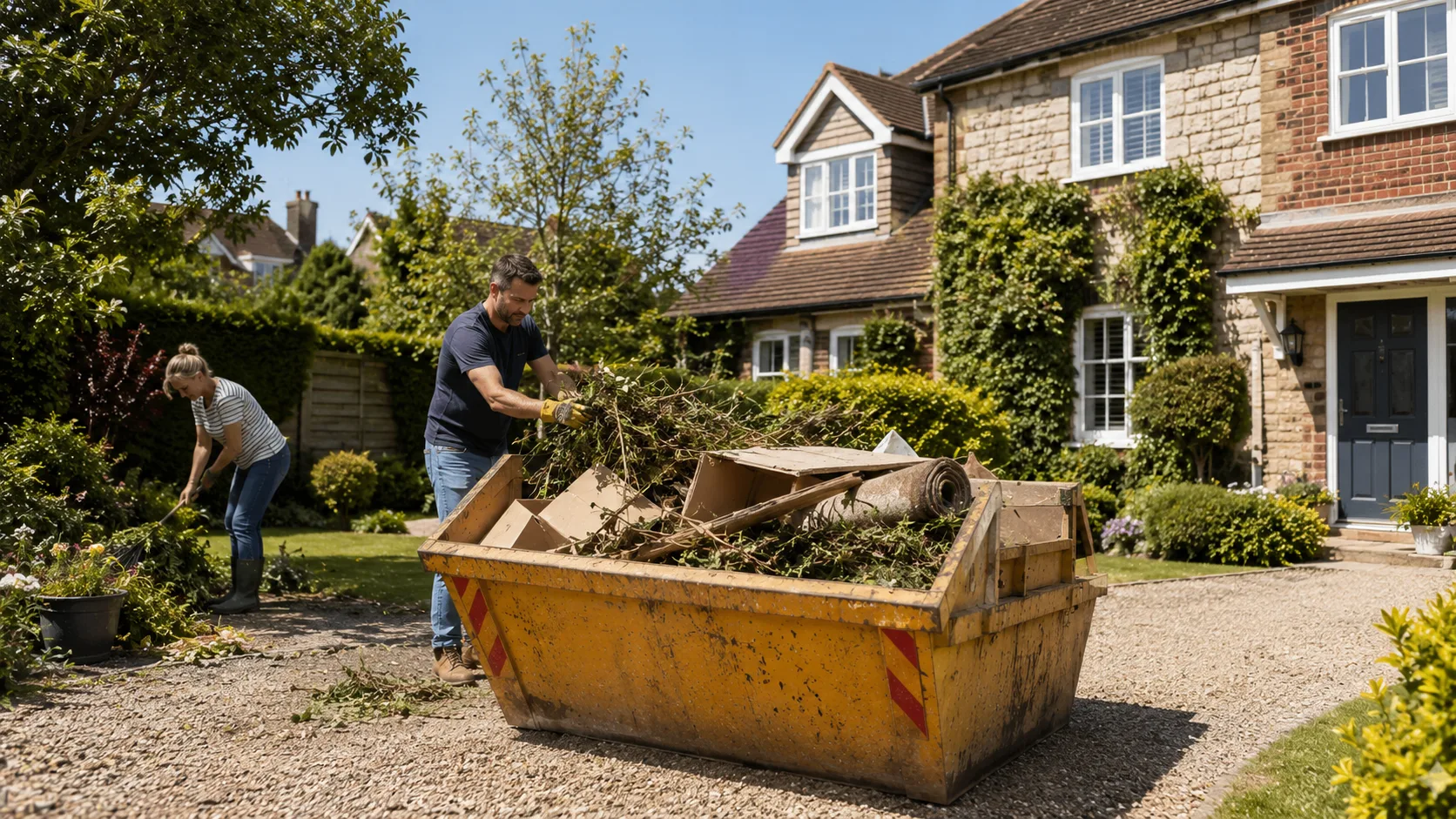 Skip hire Dorset for garden clearance and household waste removal on a driveway.