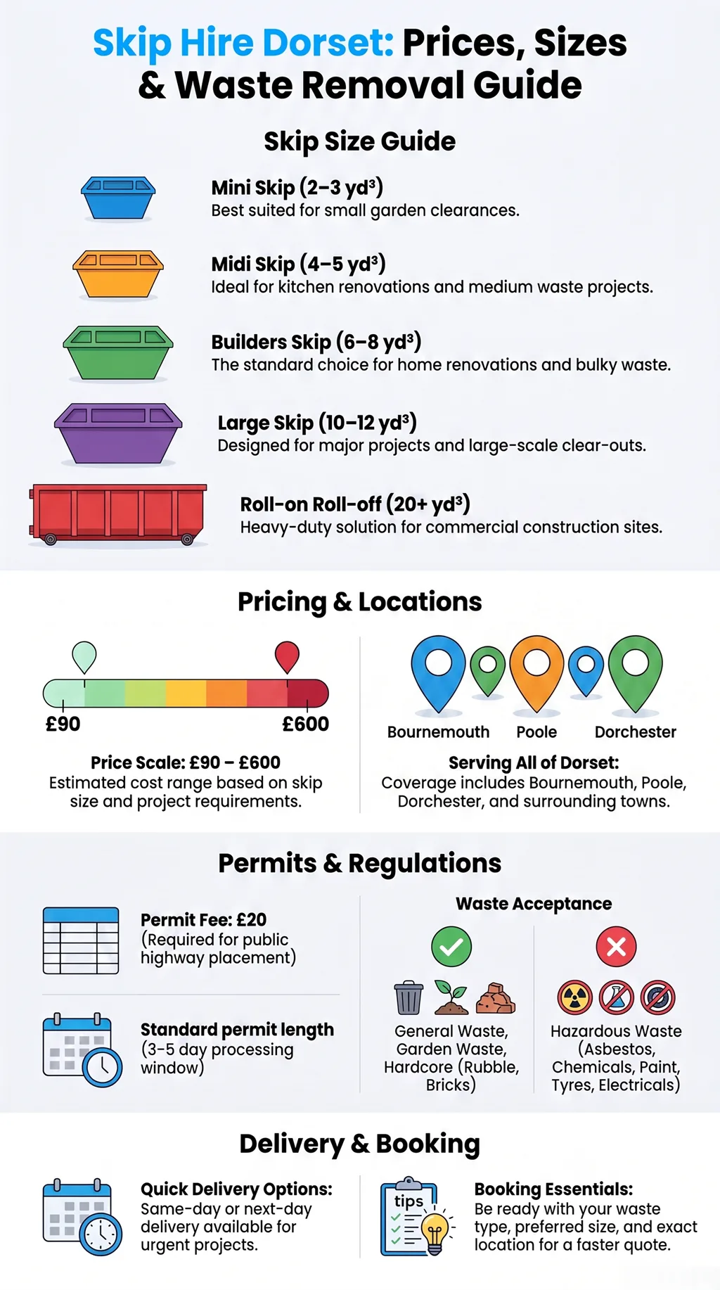 Skip hire Dorset size guide with pricing, permits, waste rules, delivery options, and service areas UK.