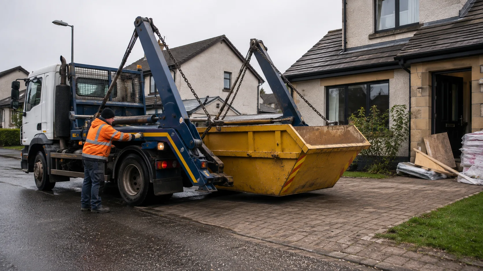 Skip hire Dundee City delivery service placing a skip at a residential property.