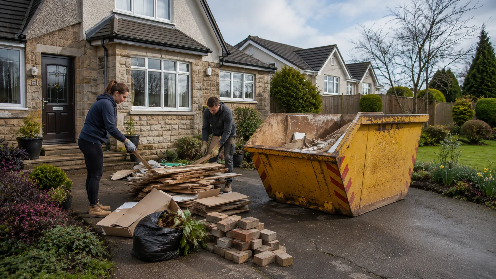 skip hire East Ayrshire with homeowners sorting accepted waste before filling a skip.