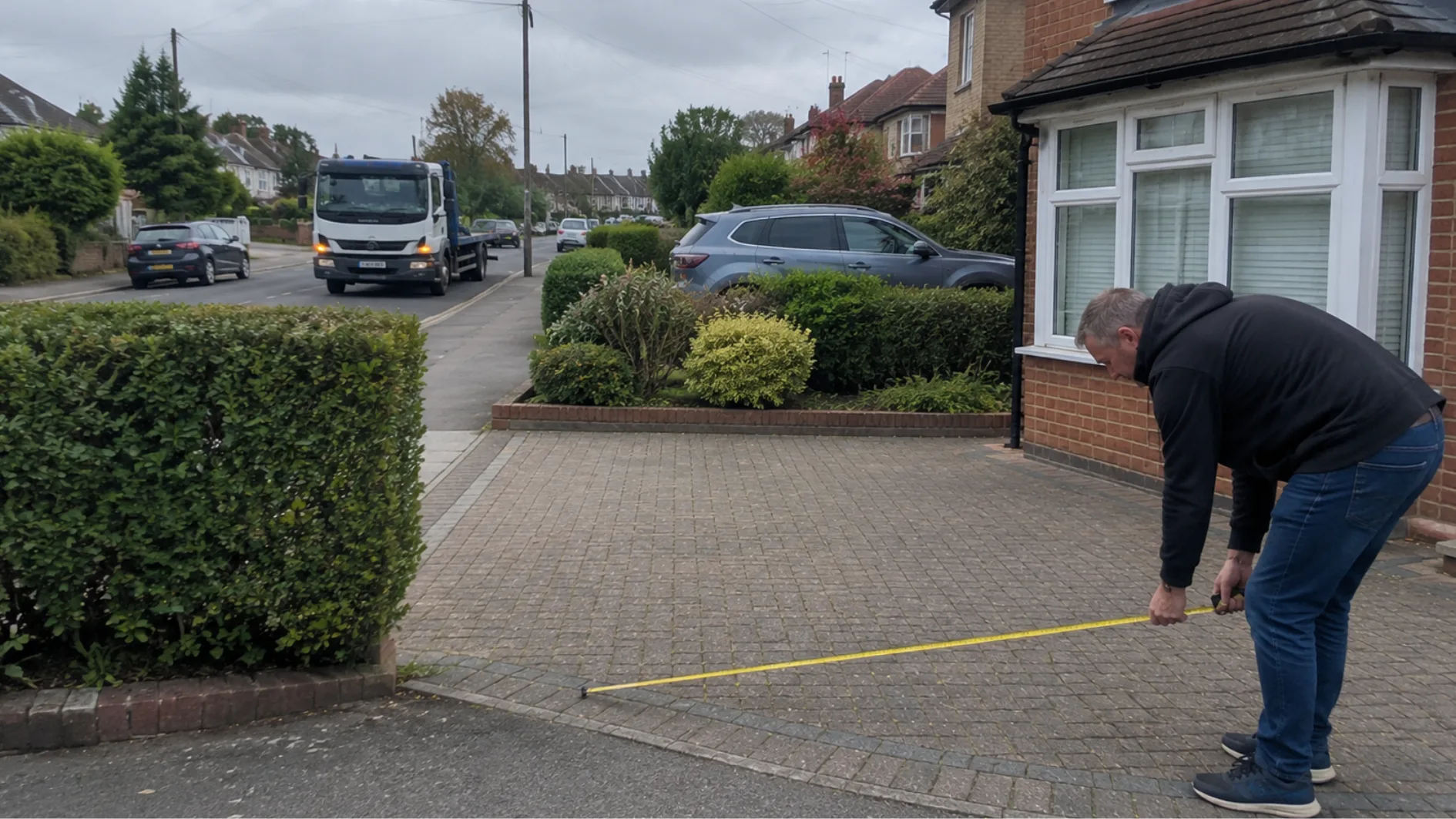 Homeowner measuring a clear driveway before skip delivery, with a skip truck approaching in the background.