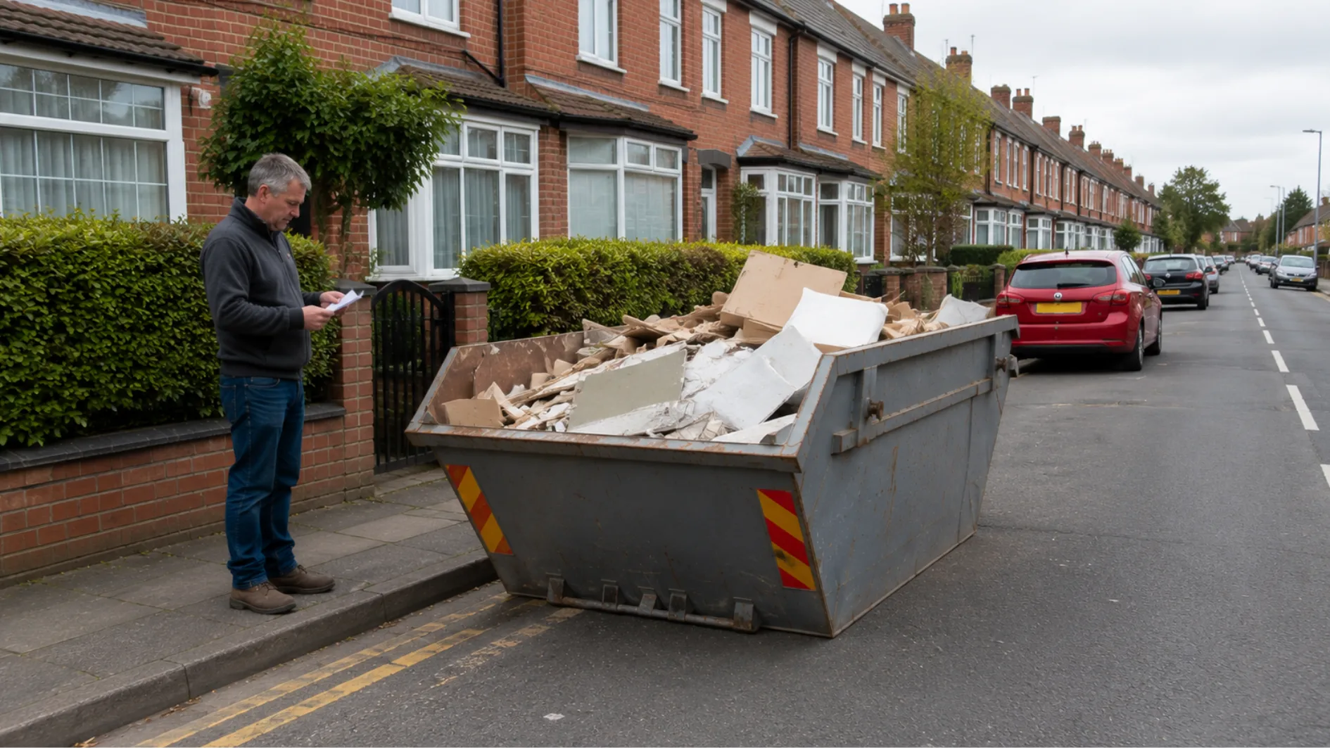 Metal skip positioned on a residential roadside beside a brick house while a homeowner checks paperwork, illustrating the need for a skip permit.