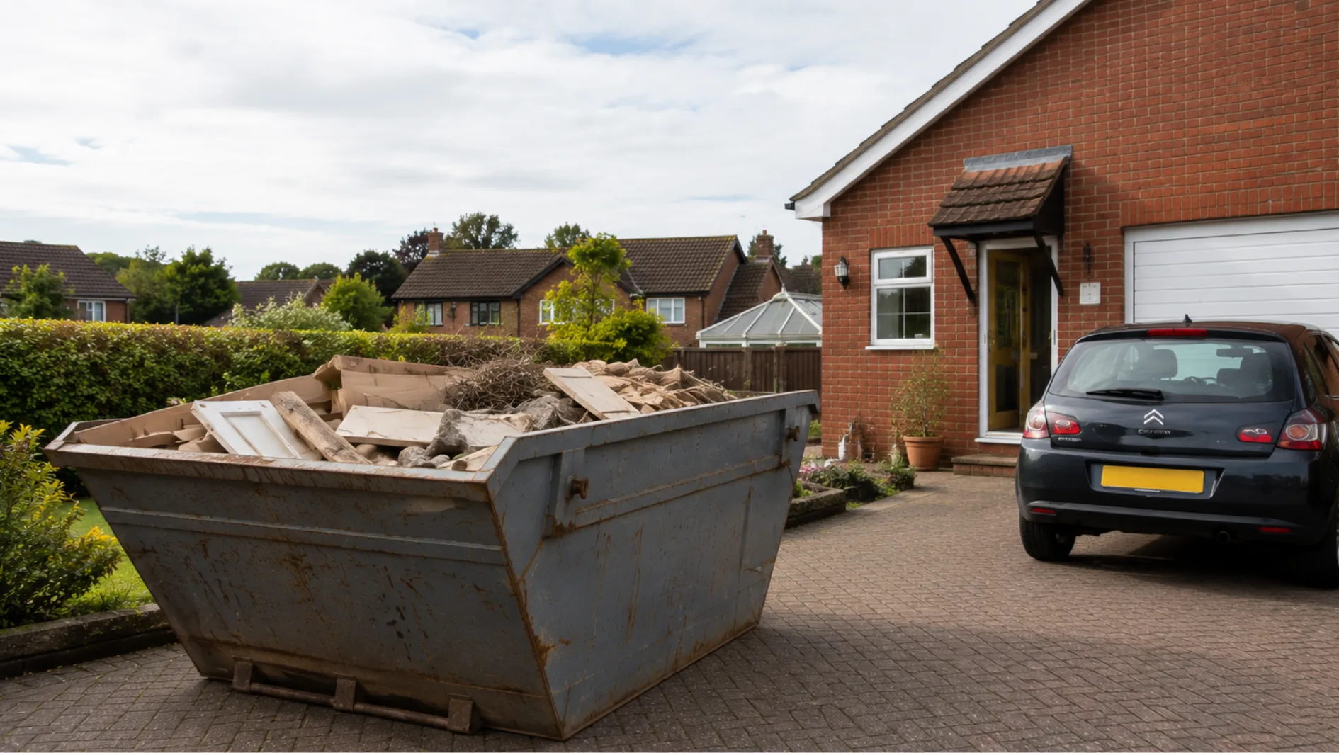 Weathered metal skip filled with timber, cardboard, rubble and garden waste on the driveway of a typical British brick house, with a family car nearby.