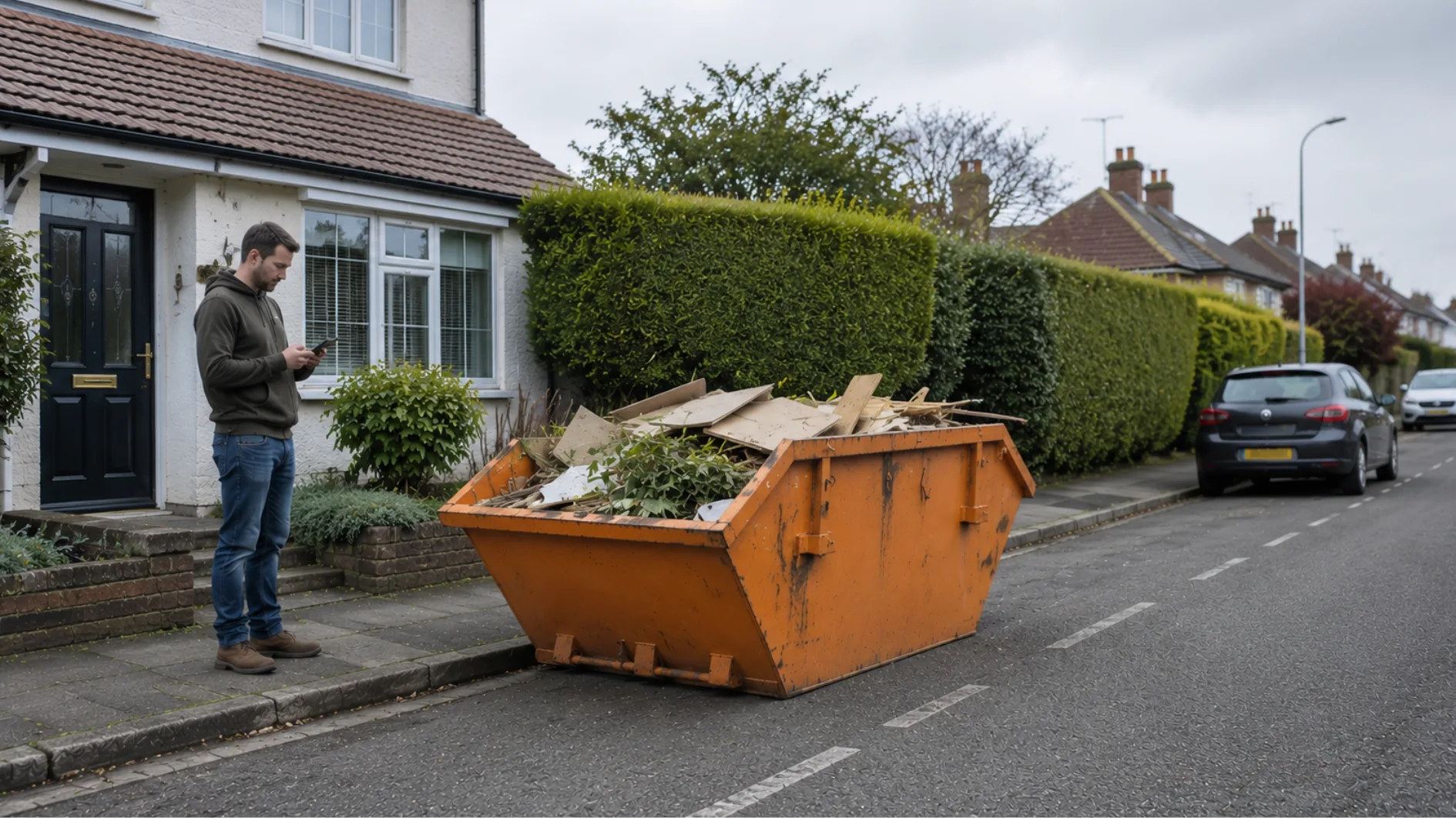Orange skip placed at the edge of a UK residential road with a homeowner checking its position.