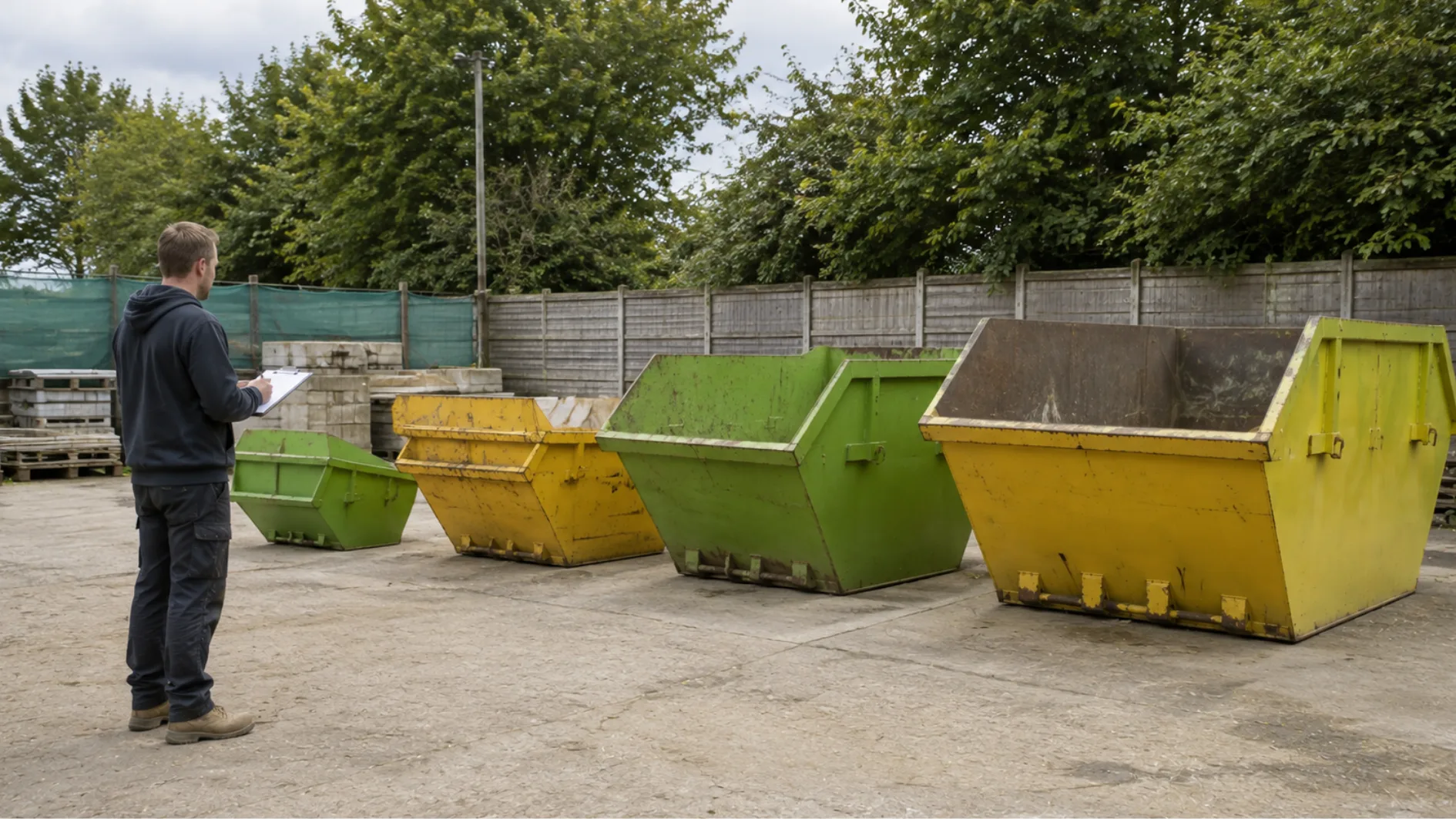 Different skip sizes in a UK hire yard for comparing capacity and costs.