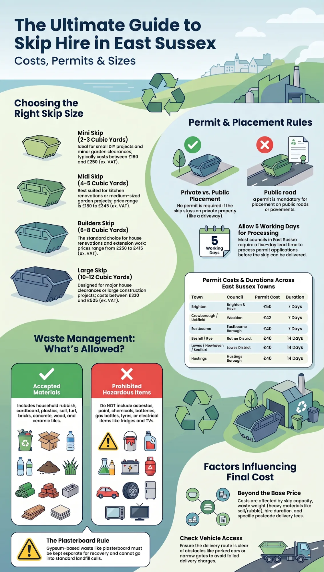 Infographic about skip hire in East Sussex, covering skip sizes, costs, permits, placement rules, accepted waste, and additional fees.