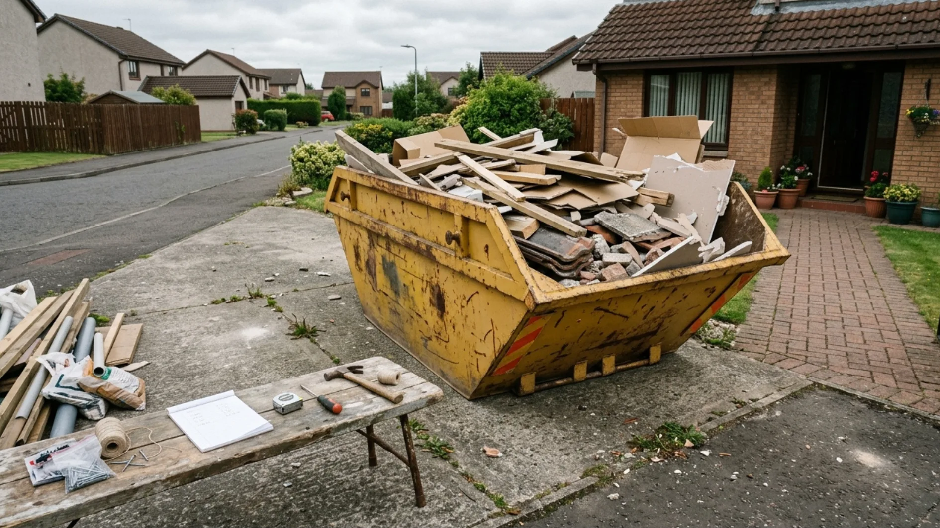 Residential skip with renovation waste, tape measure, notes and building materials.