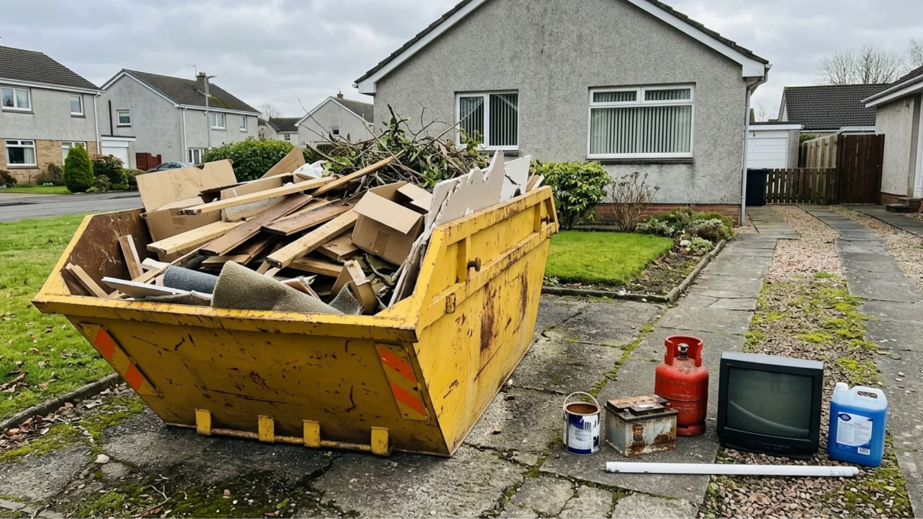 Skip with suitable waste and prohibited items separated beside it.