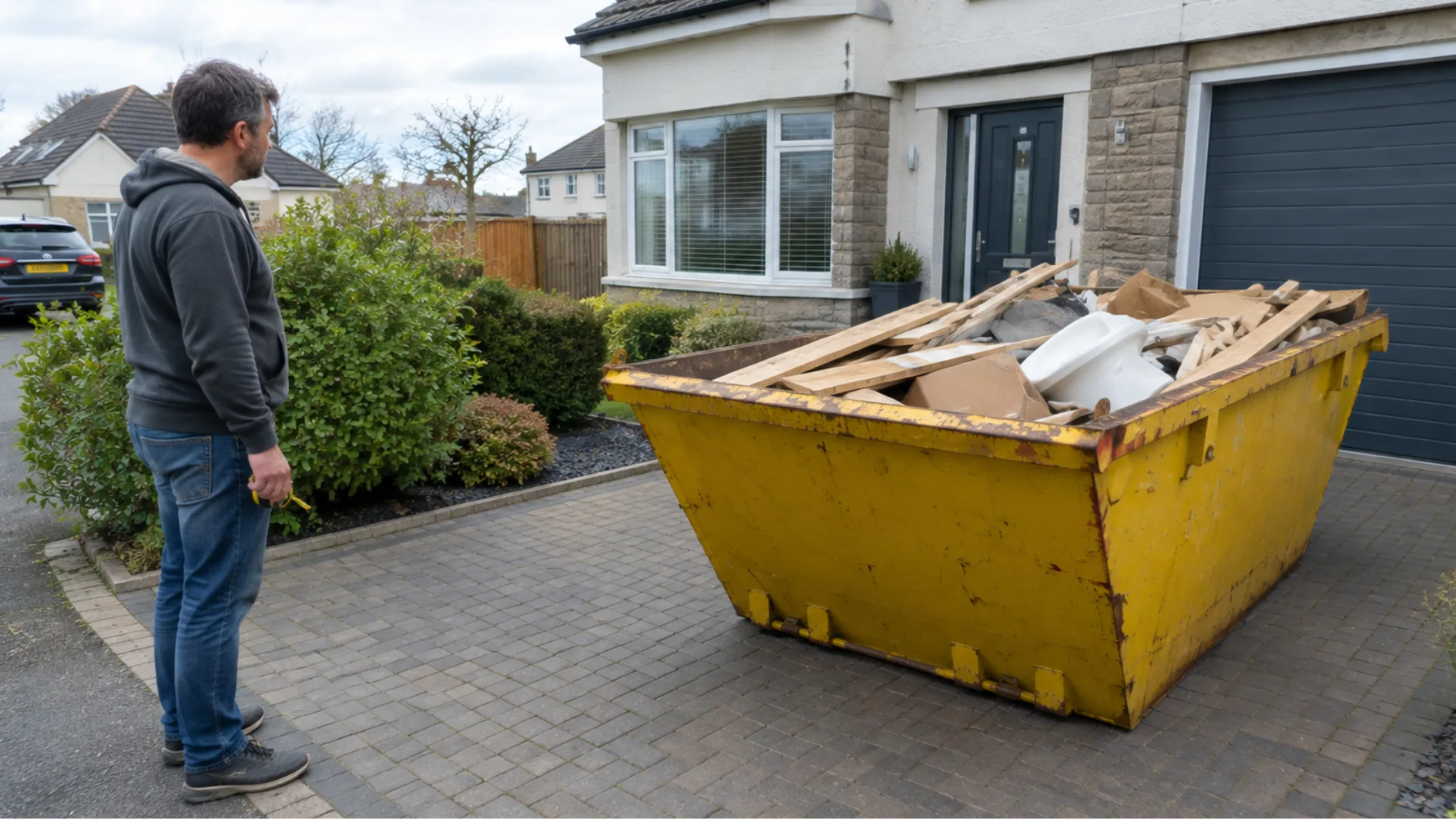 A homeowner stands beside the driveway of a modern suburban house, holding a measuring tape and looking at a large yellow skip filled with renovation waste.