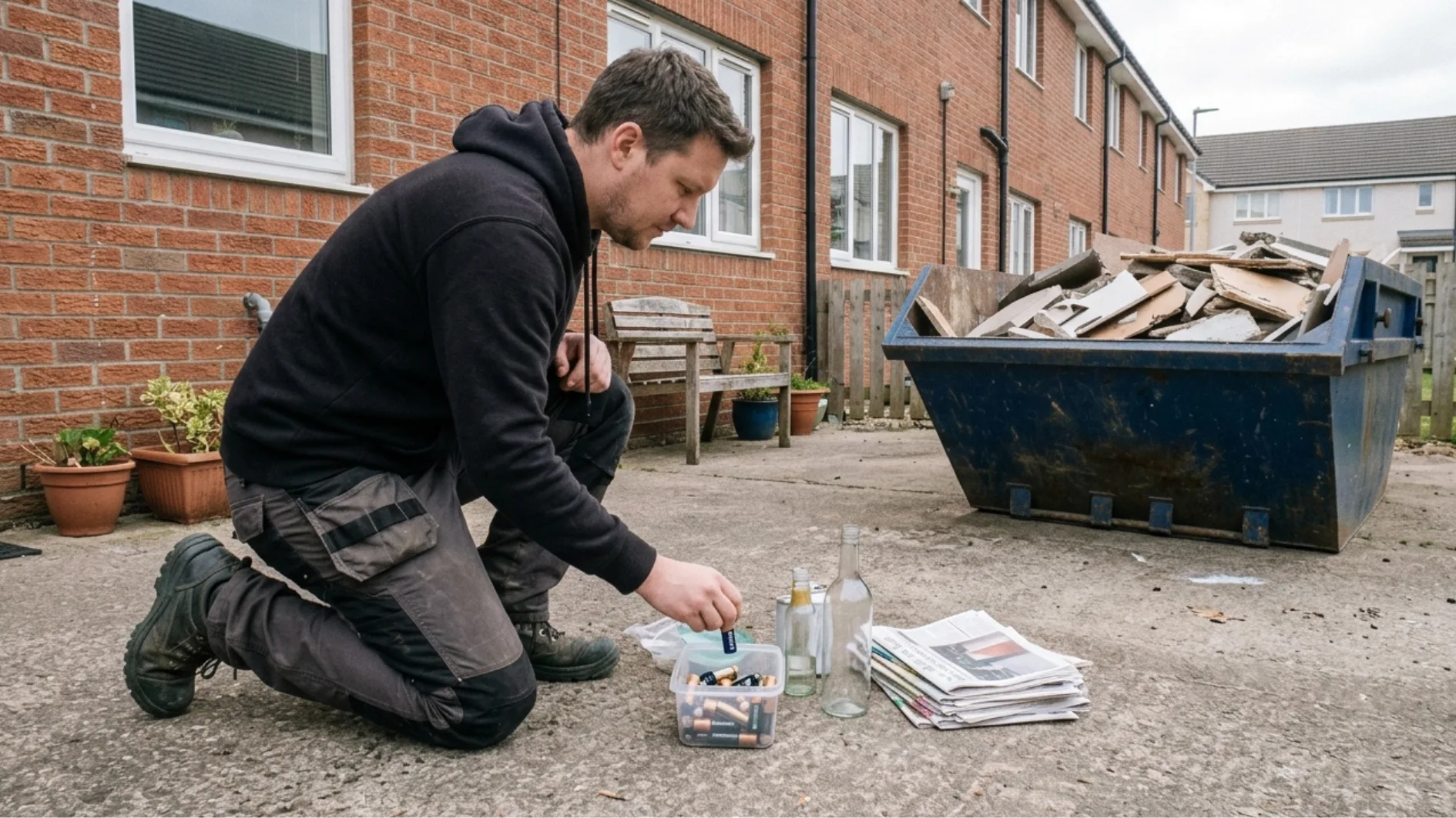 A homeowner kneels in a small back garden, placing a battery into a separate container while a blue skip containing wood and cardboard sits in the background.