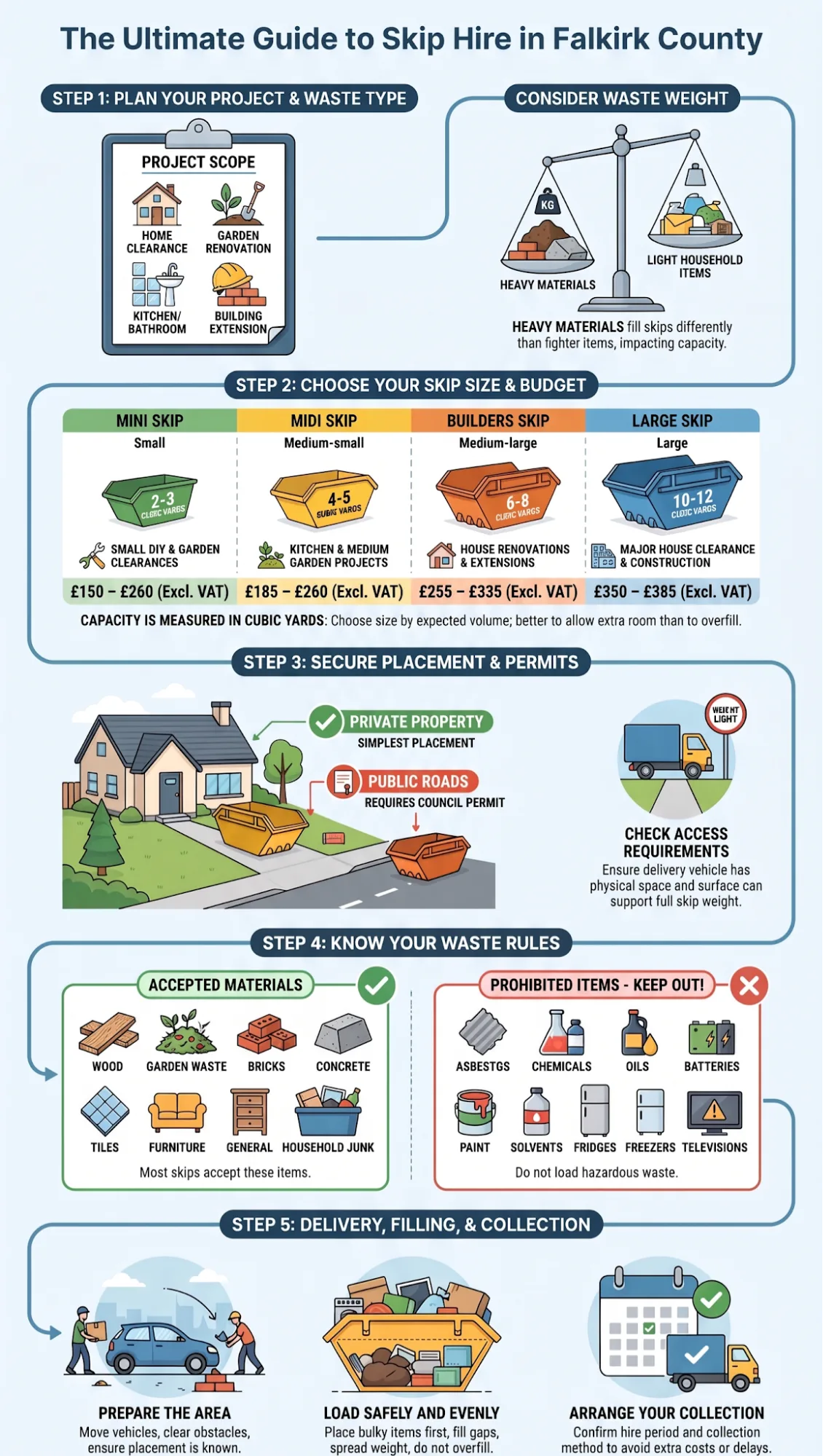  Infographic covering project planning, waste weight, skip sizes and prices, placement permits, accepted and prohibited waste, and delivery, filling, and collection guidelines.